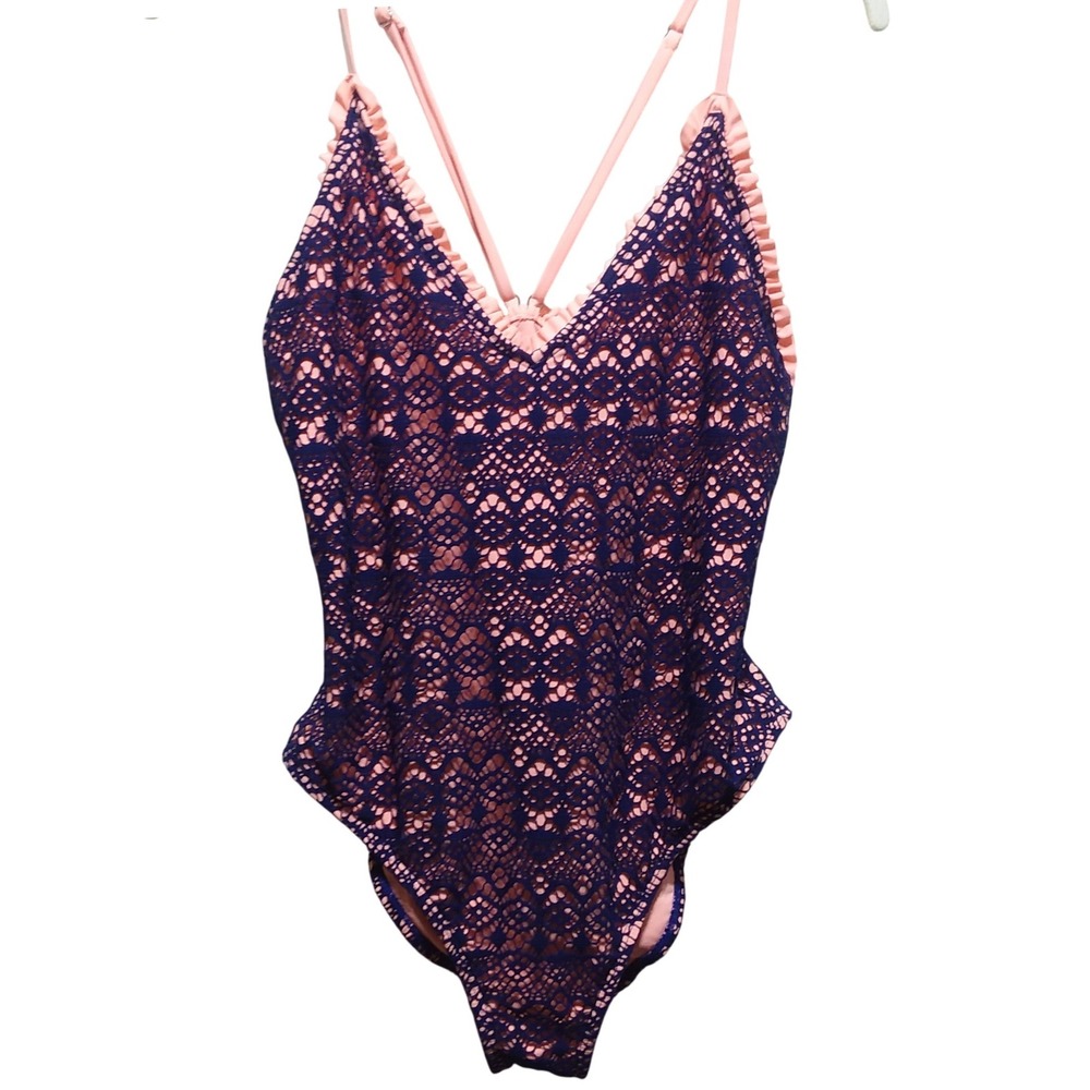 True Craft Lace Overlay One‎ Piece Swimsuit Ruffle Trim Cross Back Straps Size L